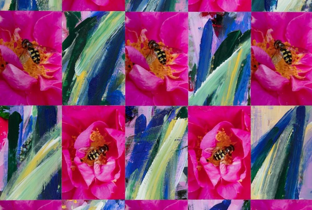 Bee on a Rose with Green, Yellow and Blue
